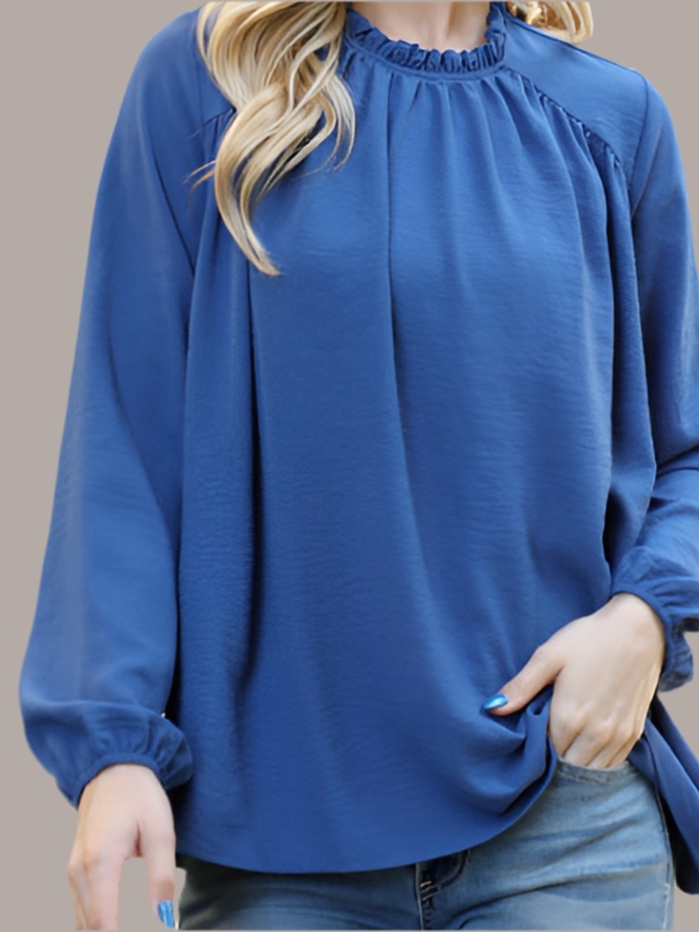 Source Unknown Dusty Blue Ruffle-Neck Long Sleeve Blouse - Picture 5 of 5